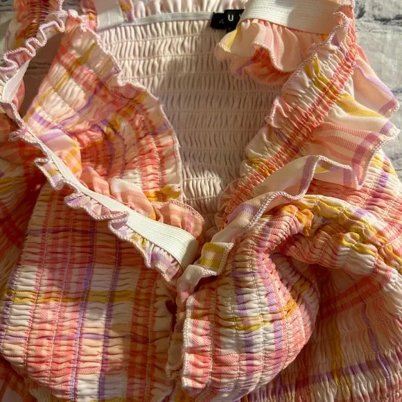 AS U WISH PINK/ORANGE PLAID SLEEVELESS SMOCKED MIDI DRESS SPRING/SUMMER SIZE L - Picture 7 of 12